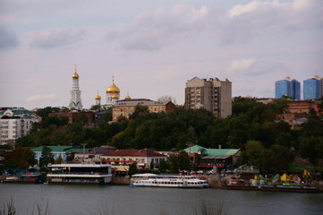 Fototapeta premium City view from the embankment, piers and river boat. Rostov-on-Don