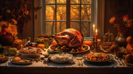 Large turkey on thanksgiving dinner table