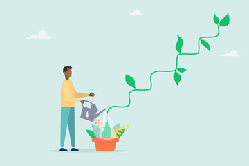 Businessman watering seedling plant growing up as stair to climb to reach success. Growth step or career path. Modern flat vector illustration.
