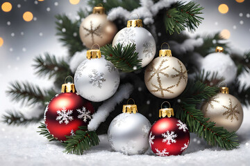 Christmas background with spruce branches decorated with Christmas baubles, snowflakes, and lights.
