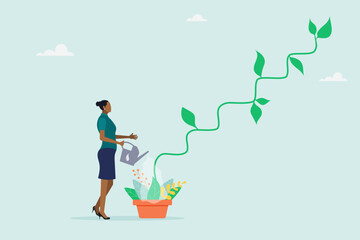 Businesswoman watering seedling plant growing up as stair to climb to reach success. Growth step or career path. Modern flat vector illustration.

