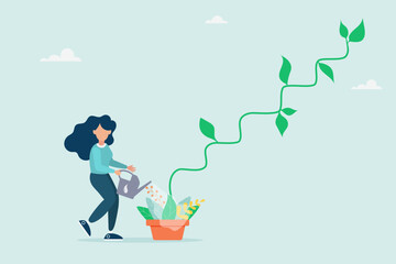 Businesswoman watering seedling plant growing up as stair to climb to reach success. Growth step or career path. Modern flat vector illustration.
