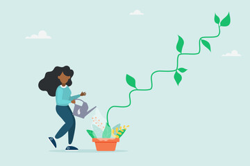 Businesswoman watering seedling plant growing up as stair to climb to reach success. Growth step or career path. Modern flat vector illustration.
