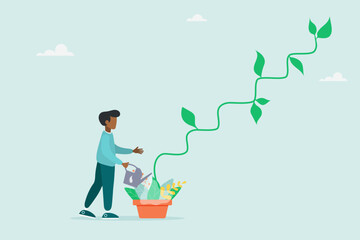 Businessman watering seedling plant growing up as stair to climb to reach success. Growth step or career path. Modern flat vector illustration.
