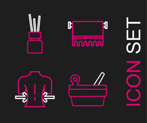 Set line Sauna bucket and ladle, Massage, Towel on hanger and Aroma diffuser icon. Vector