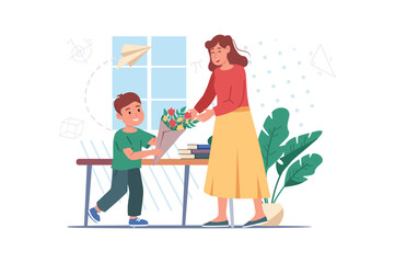 Congratulations school concept with people scene in the flat cartoon design. The student congratulates the teacher on the beginning of the school year. Vector illustration.