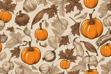 seamless background with autumn leaves, pumpkin. hand drawn watercolor illustration on white background.