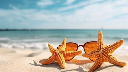 Fototapeta na wymiar Sunglasses and star fish on the sand with tropical beach background
