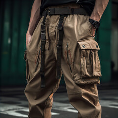 Zoomed-In View of Brown and Green Cargo Pants on Male Model's Legs
