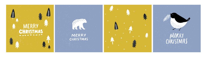 Scandinavian Christmas trees and animals greeting card design set. Modern art vector ilustration with spruce, forest, polar bear, winter bird. Bold green and blue colors.