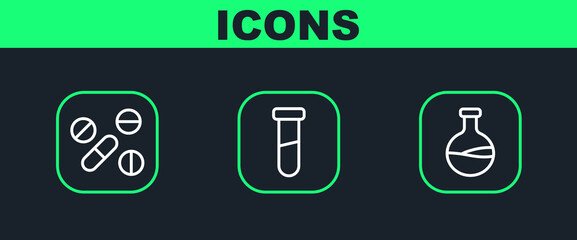 Set line Test tube and flask, Medicine pill or tablet and icon. Vector