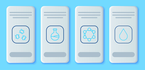 Set line Test tube and flask, Formula of benzene rings, Bacteria and Water drop icon. Vector