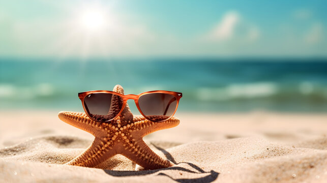 Sunglasses and star fish on the sand with tropical beach background