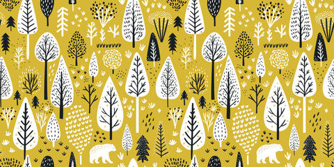 Scandinavian forest seamless pattern background, trees silhouettes and bear in woodland, home decor textile texture on green backdrop. Vector repeat landscape nature art. - 633705942