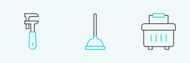 Set line Toolbox, Pipe adjustable wrench and Rubber plunger icon. Vector