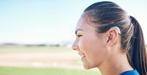 Smile, profile and woman in hearing aid, ear and sound amplifier in mockup space at park outdoor....