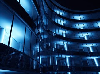 Fototapeta premium From below of entrance of office building next to contemporary high rise structures with glass mirrored walls. Created with Generative AI technology.