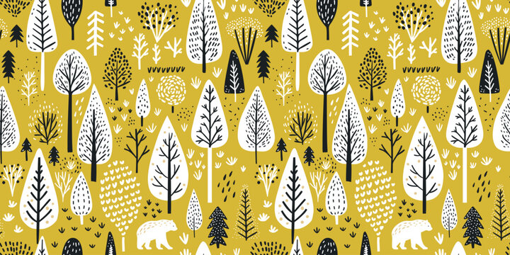 Fototapeta Scandinavian forest seamless pattern background, trees silhouettes and bear in woodland, home decor textile texture on green backdrop. Vector repeat landscape nature art.