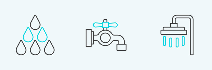 Set line Shower, Water drop and tap icon. Vector