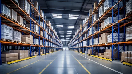 Fotobehang Schip Huge Distribution Warehouse with high shelves. Logistics Depot. Ai generative.