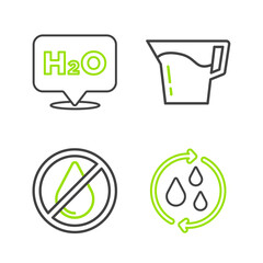 Set line Recycle clean aqua, Water drop forbidden, Jug glass with water and Chemical formula H2O icon. Vector