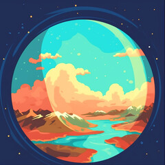 Mountain and river landscape view in a circle - ai generative