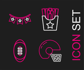Set line American football helmet, Football, Potatoes french fries in box and Carnival garland with flags icon. Vector