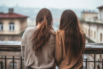 Sad, grieving fictional sisters or best friends standing on a balcony of a fictional apartment in a...