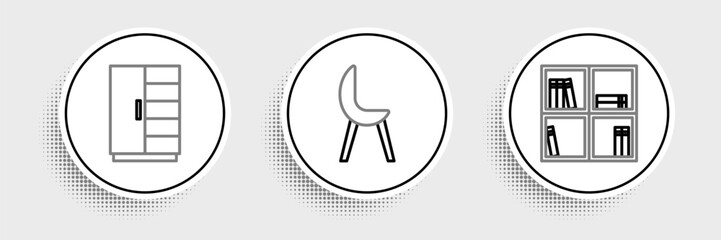 Set line Shelf with books, Wardrobe and Armchair icon. Vector