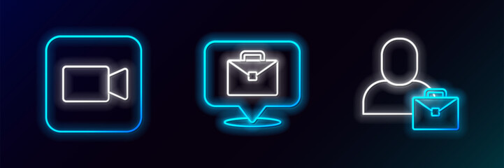 Set line Freelancer, Camera and Online working icon. Glowing neon. Vector