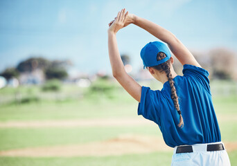 Back, stretching and a woman on a field for baseball, training for sports or fitness with mockup. Space, nature and an athlete or person with a warm up for exercise and ready to start a game - obrazy, fototapety, plakaty