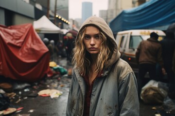 Young homeless woman in the street filled with tents
