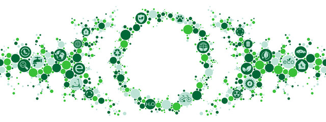 Chaotic green dot background frame. Texture of dots, spheres, balls, particles. Symbols ecology, clean energy icons. Poster for a website, business, presentations. Vector illustration