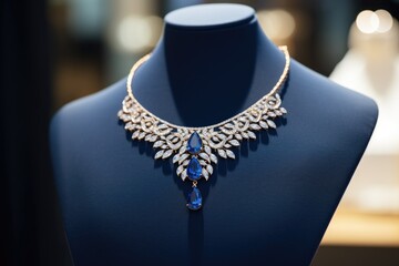Diamond and sapphire necklace on mannequin - obrazy, fototapety, plakaty