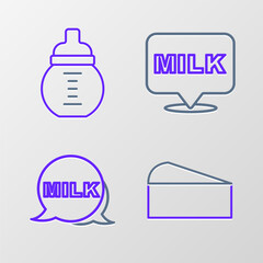 Set line Cheese, Lettering milk, and Baby a bottle icon. Vector