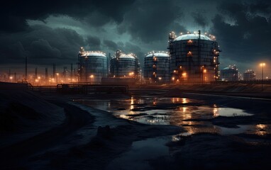 Aerial top view storage tank farm at night, Tank farm storage chemical petroleum petrochemical refinery product at oil terminal, Created with Generative AI technology.