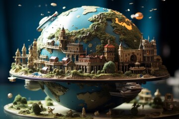 A toy model of planet earth with small ships and planes on it created with Ai generative tools. Time to Travel. Landmarks on the globe. Travel around the world. Tourism trip concept