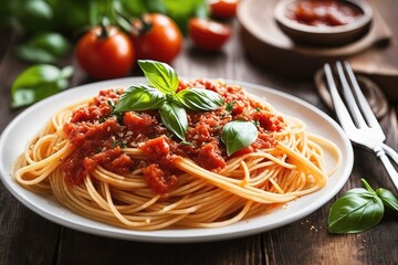 spaghetti bolognese on a rustic plate. italian pasta with basil