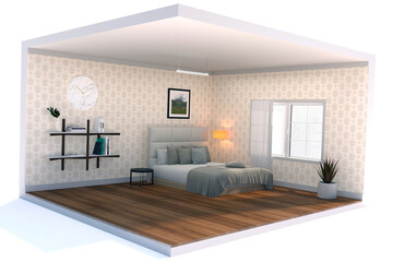 Isometric view bedroom muji style open inside interior architecture, 3d rendering digital art.