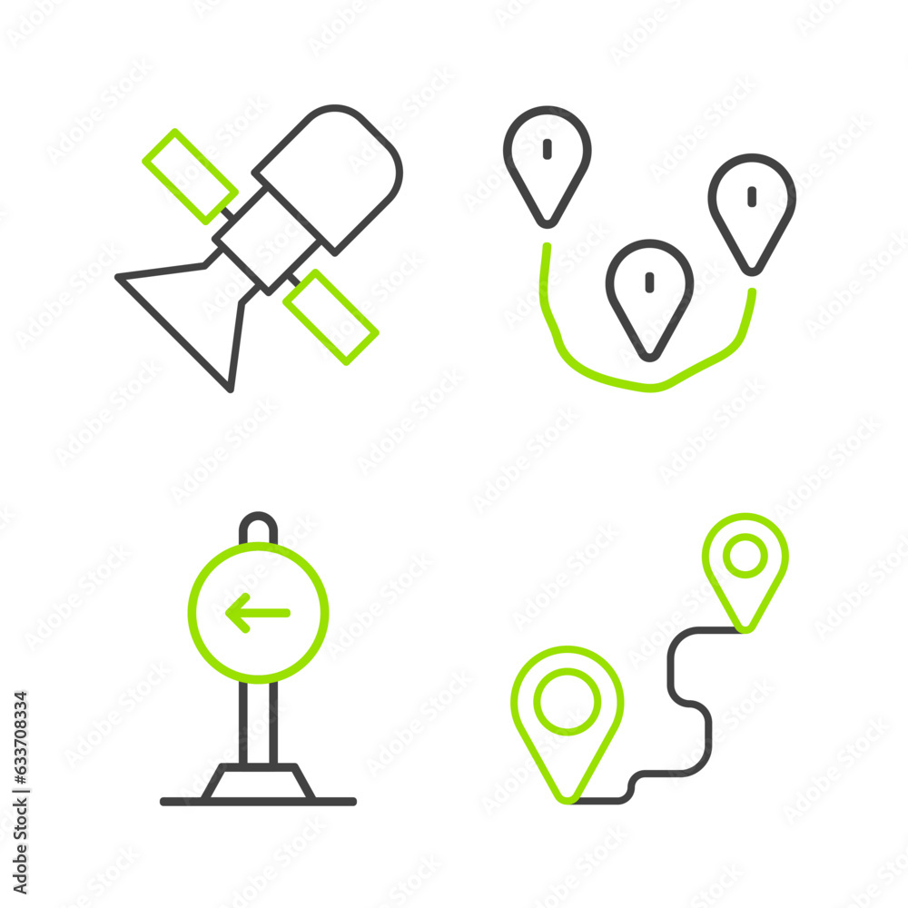 Wall mural Set line Route location, Traffic sign turn left, and Satellite icon. Vector