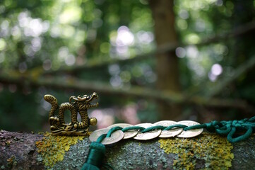 A bunch of Chinese coins and a Chinese dragon on a colored background.