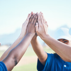 Outdoor, sports and team with high five, support and motivation for a game, training or winning. Celebration, closeup or hands with gesture, group and commitment with teamwork, exercise or solidarity