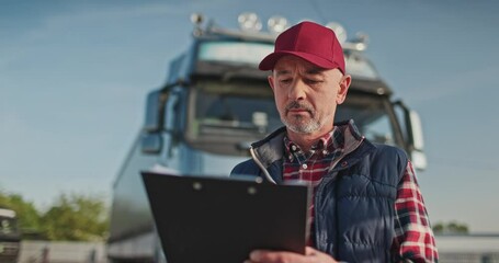 Busy Caucasian manager wearing red cap and work jacket standing at parking lot for truckers outdoor. Actively writing something on clipboard paper while standing near large lorry.
