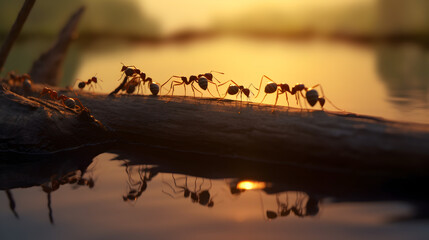 Team of ants  at sunset