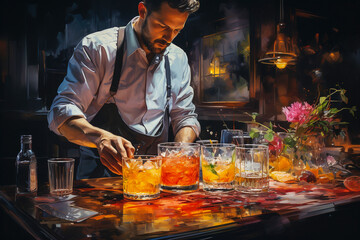 Barman making a cocktail in a nightclub bar. Nightlife concept.