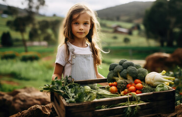 Young girl with a wooden box of fresh vegetables in a farm. Generative AI.