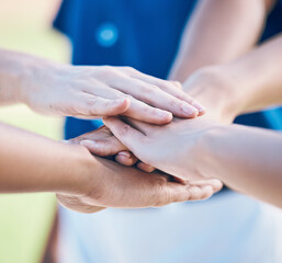 Sports, hands stack and together for baseball team building, match motivation or competition...