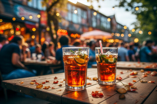Two glasses of iced tea on a wooden table in a pub