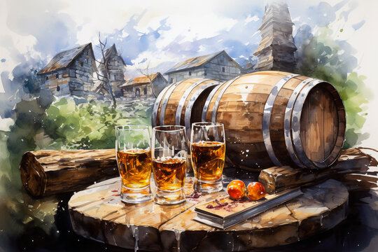 Digital painting of two glasses of whiskey on the table in front of old wooden castle