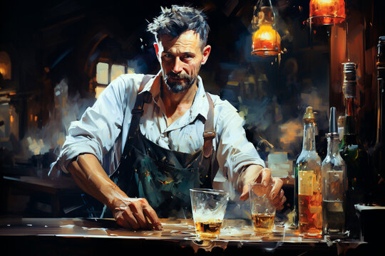 Portrait of a handsome bartender in apron pouring whiskey into a glass.